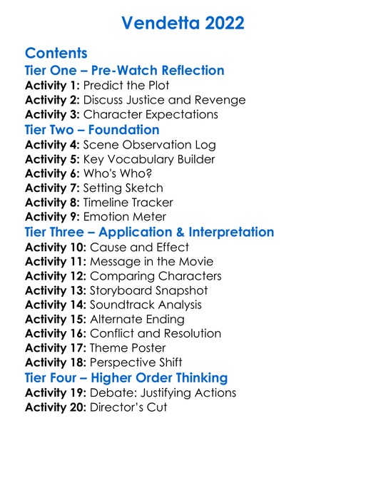 Vendetta 2022 Worksheet Activity Booklet