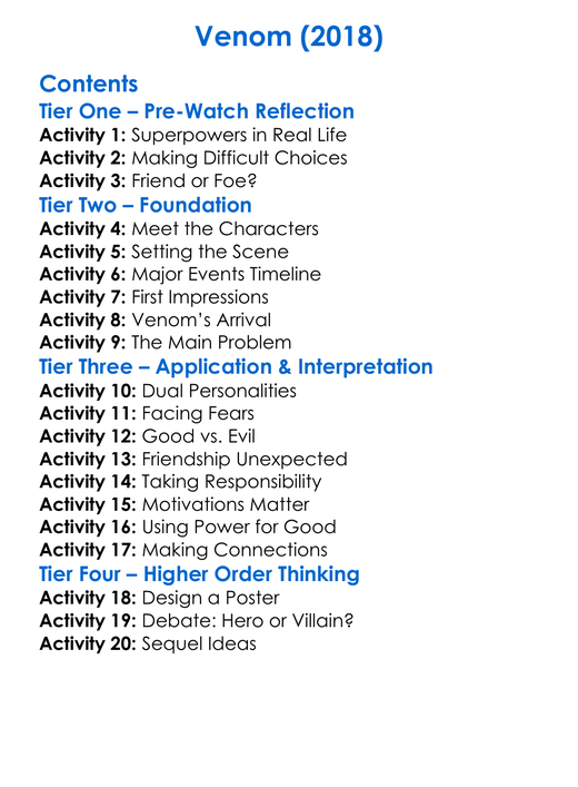 Venom 2018 Worksheet Activity Booklet