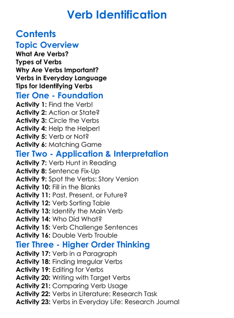 Verb Identification Worksheet Activity Booklet