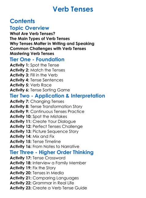 Verb Tenses Worksheet Activity Booklet