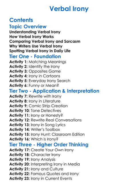 Verbal Irony Worksheet Activity Booklet