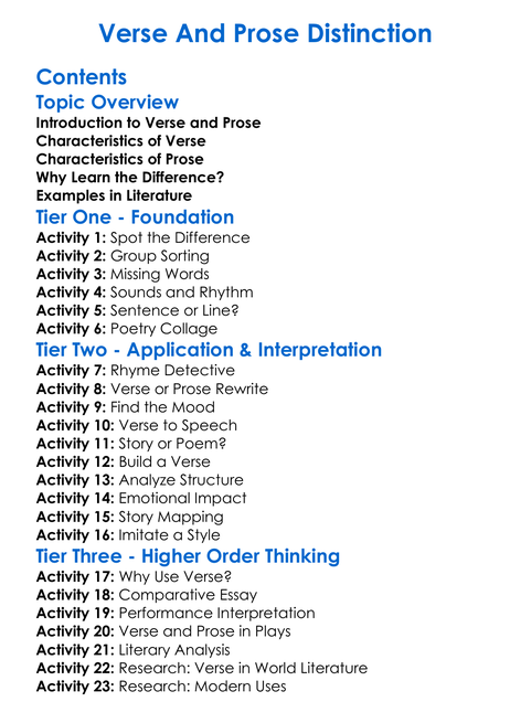Verse And Prose Distinction Worksheet Activity Booklet