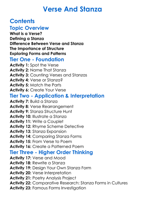 Verse And Stanza Worksheet Activity Booklet