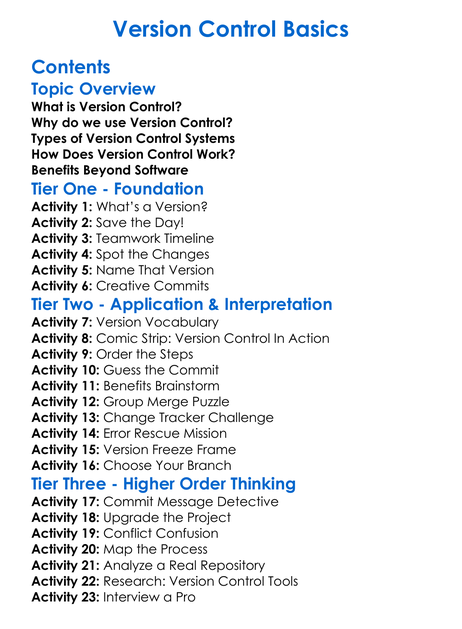 Version Control Basics Worksheet Activity Booklet