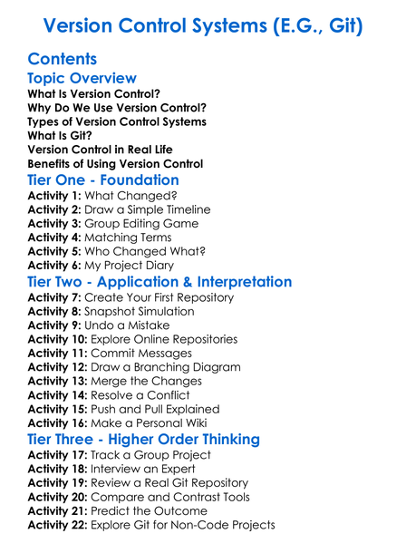 Version Control Systems Eg Git Worksheet Activity Booklet
