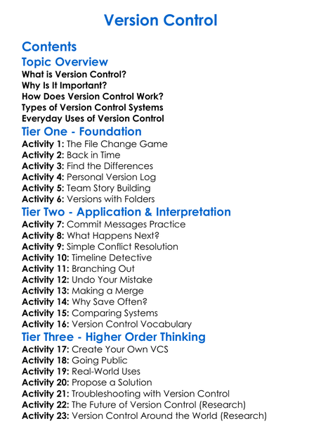 Version Control Worksheet Activity Booklet
