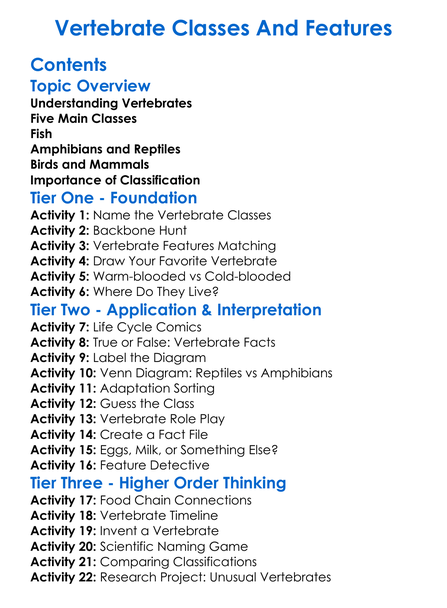 Vertebrate Classes And Features Worksheet Activity Booklet