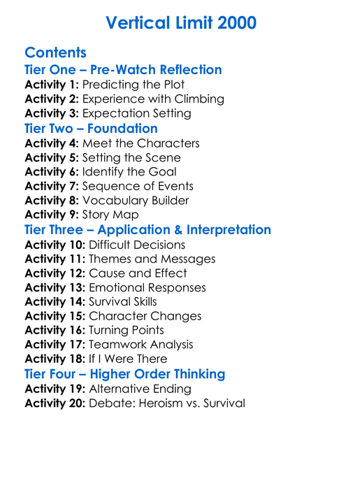 Vertical Limit 2000 Worksheet Activity Booklet