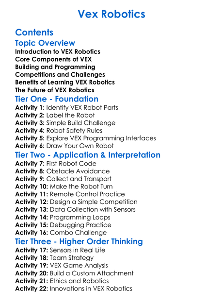 Vex Robotics Worksheet Activity Booklet