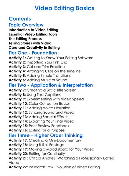 Video Editing Basics Worksheet Activity Booklet