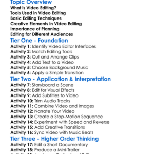 Video Editing Worksheet Activity Booklet