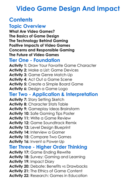 Video Game Design And Impact Worksheet Activity Booklet