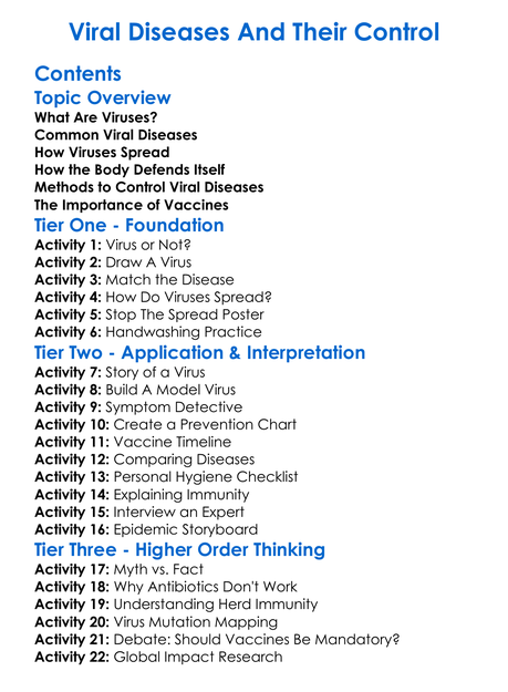 Viral Diseases And Their Control Worksheet Activity Booklet