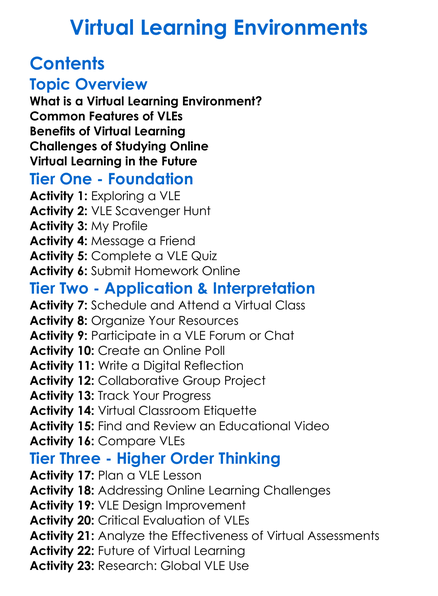 Virtual Learning Environments Worksheet Activity Booklet