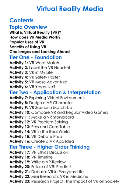 Virtual Reality Media Worksheet Activity Booklet