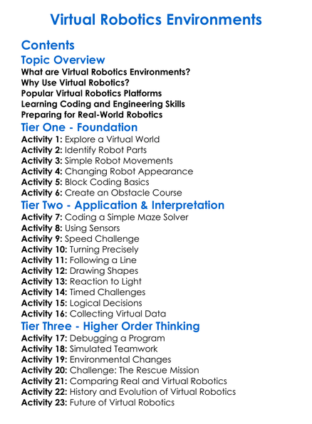 Virtual Robotics Environments Worksheet Activity Booklet