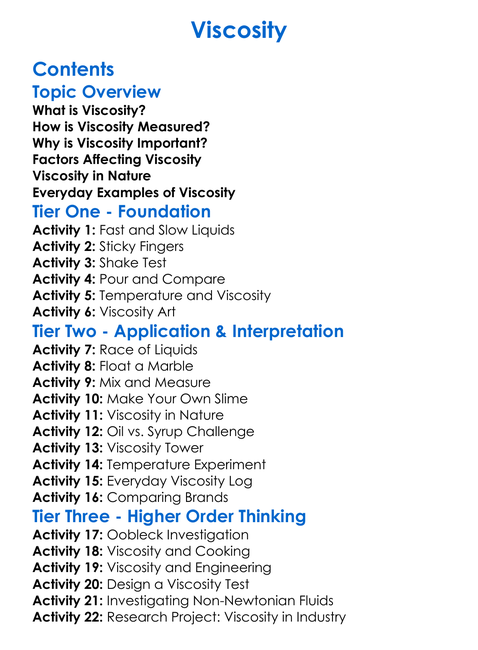Viscosity Worksheet Activity Booklet