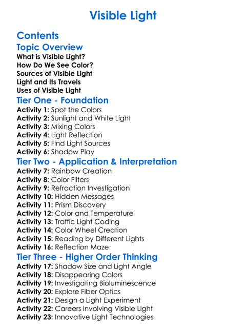 Visible Light Worksheet Activity Booklet