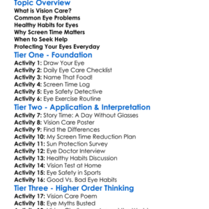 Vision Care Habits Worksheet Activity Booklet