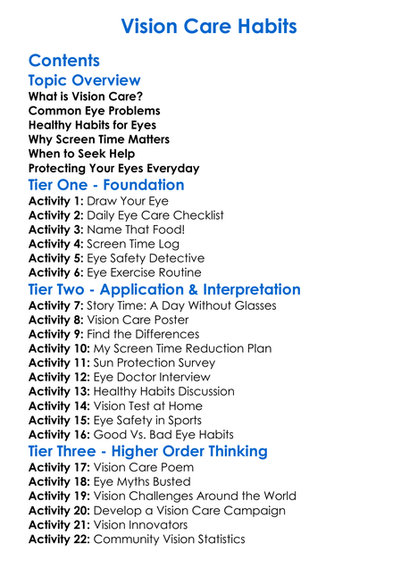 Vision Care Habits Worksheet Activity Booklet