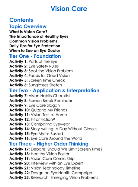 Vision Care Worksheet Activity Booklet