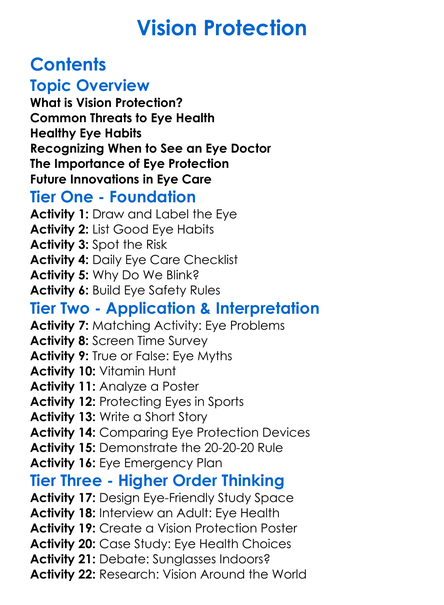 Vision Protection Worksheet Activity Booklet