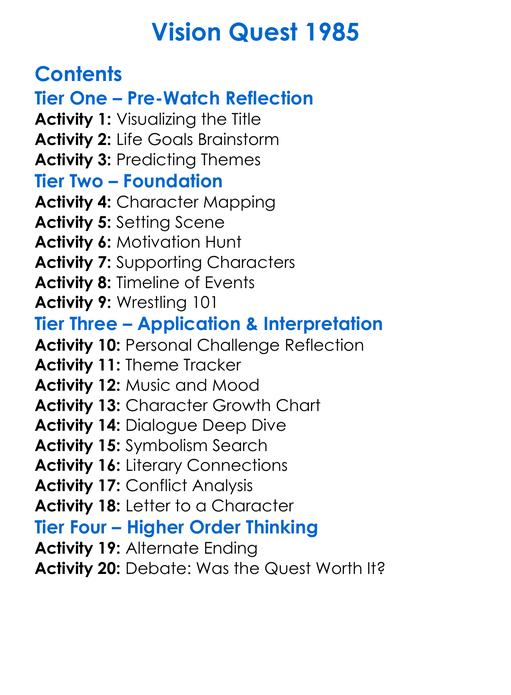 Vision Quest 1985 Worksheet Activity Booklet