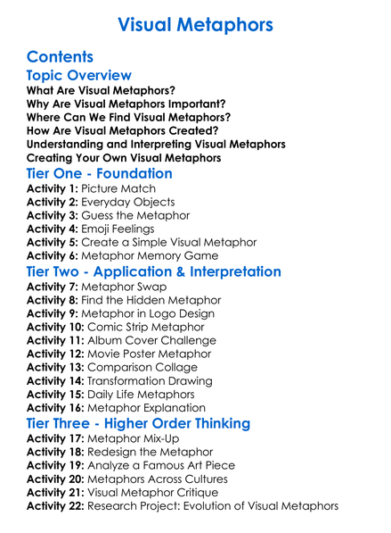 Visual Metaphors Worksheet Activity Booklet