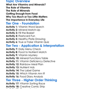 Vitamin And Mineral Functions Worksheet Activity Booklet