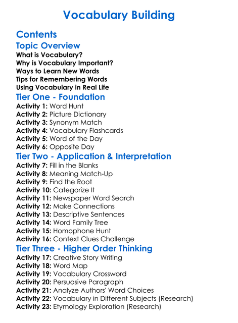 Vocabulary Building Worksheet Activity Booklet