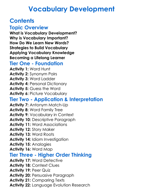 Vocabulary Development Worksheet Activity Booklet