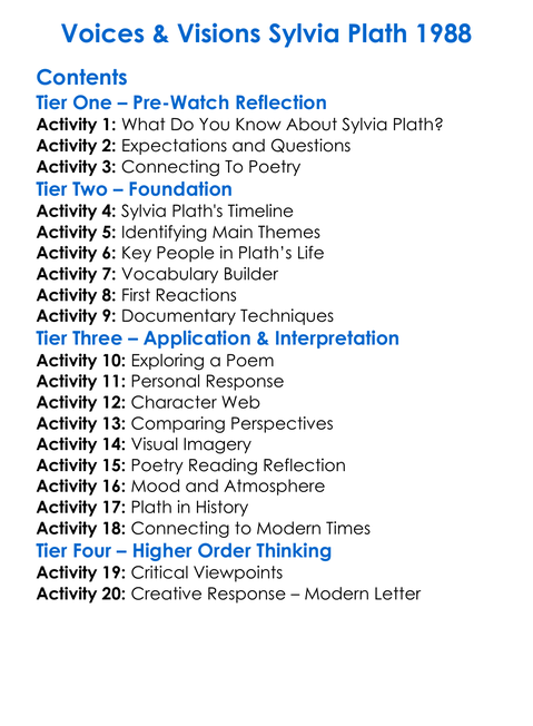 Voices Visions Sylvia Plath 1988 Worksheet Activity Booklet