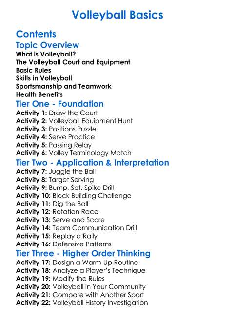Volleyball Basics Worksheet Activity Booklet