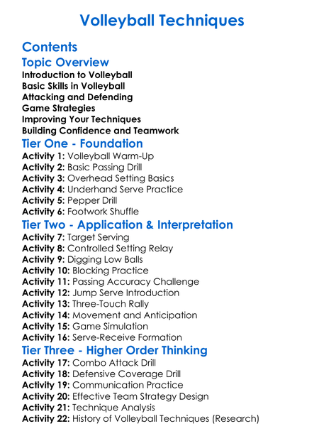 Volleyball Techniques Worksheet Activity Booklet