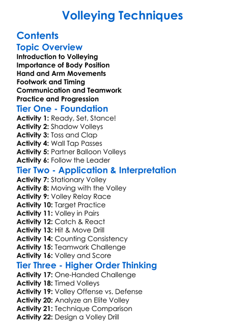 Volleying Techniques Worksheet Activity Booklet