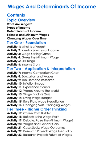 Wages And Determinants Of Income Worksheet Activity Booklet