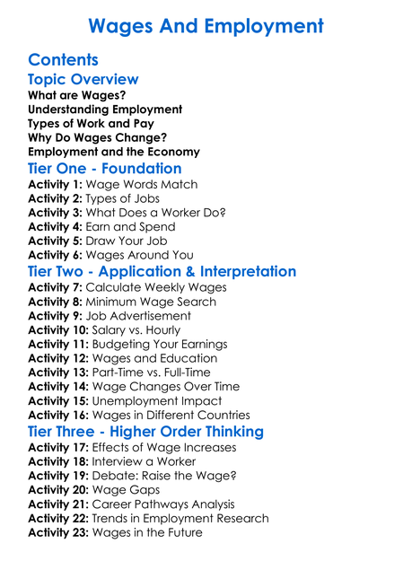 Wages And Employment Worksheet Activity Booklet