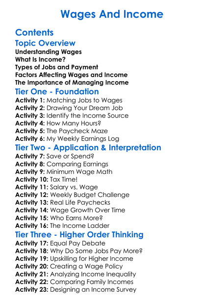 Wages And Income Worksheet Activity Booklet