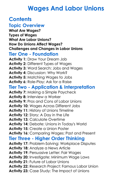 Wages And Labor Unions Worksheet Activity Booklet
