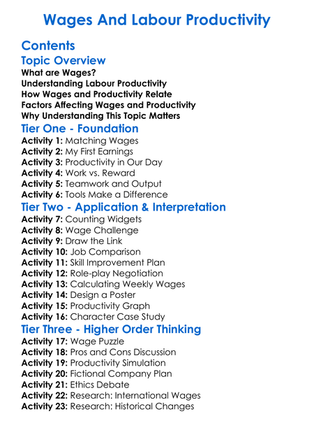 Wages And Labour Productivity Worksheet Activity Booklet