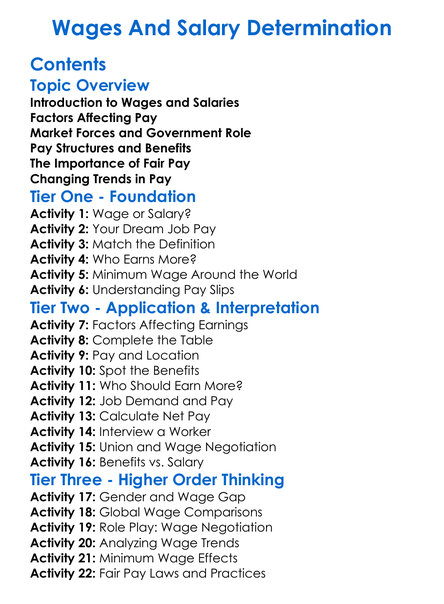 Wages And Salary Determination Worksheet Activity Booklet