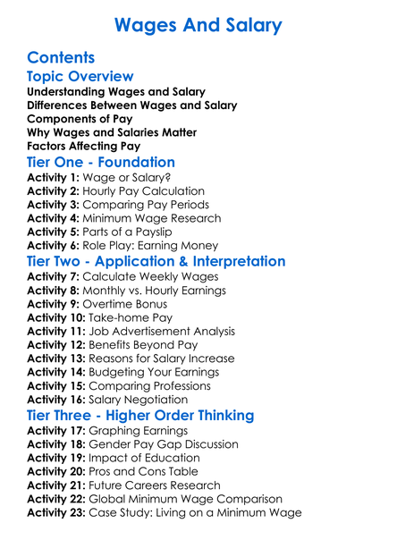 Wages And Salary Worksheet Activity Booklet