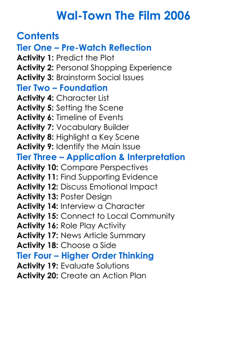 Wal-Town The Film 2006 Worksheet Activity Booklet
