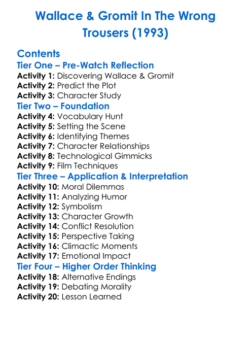 Wallace Gromit In The Wrong Trousers 1993 Worksheet Activity Booklet