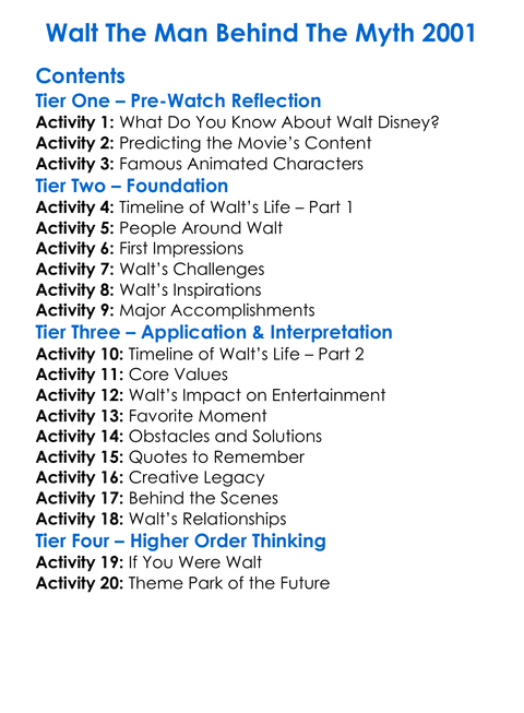 Walt The Man Behind The Myth 2001 Worksheet Activity Booklet