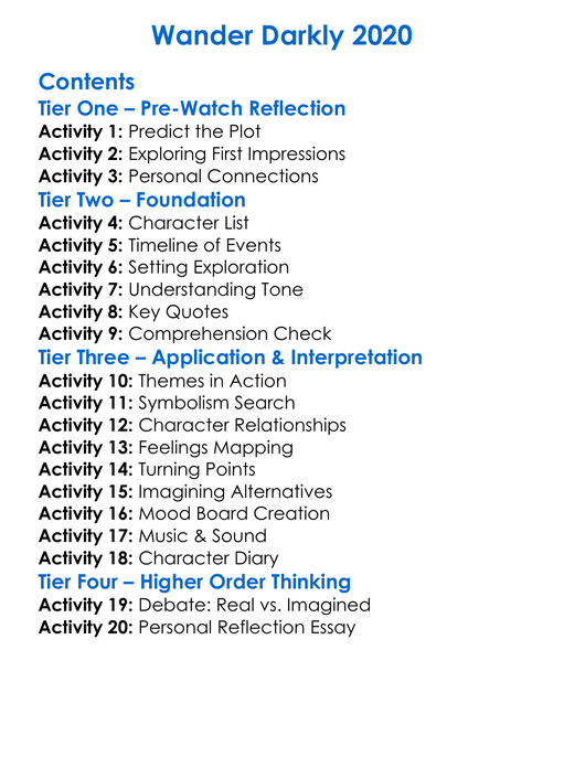 Wander Darkly 2020 Worksheet Activity Booklet