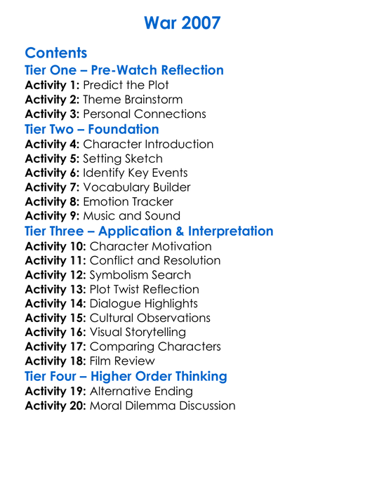 War 2007 Worksheet Activity Booklet