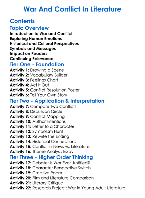 War And Conflict In Literature Worksheet Activity Booklet