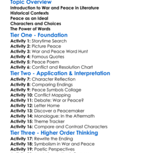 War And Peace In Literature Worksheet Activity Booklet