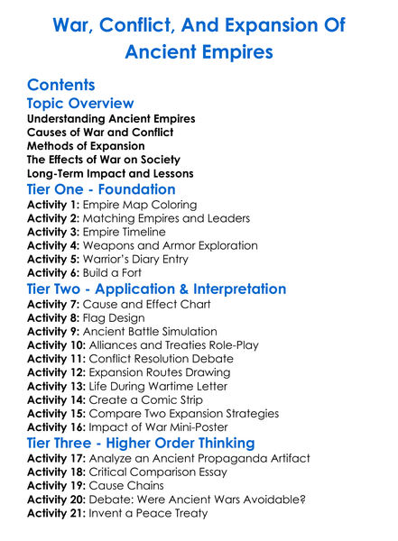 War Conflict And Expansion Of Ancient Empires Worksheet Activity Booklet